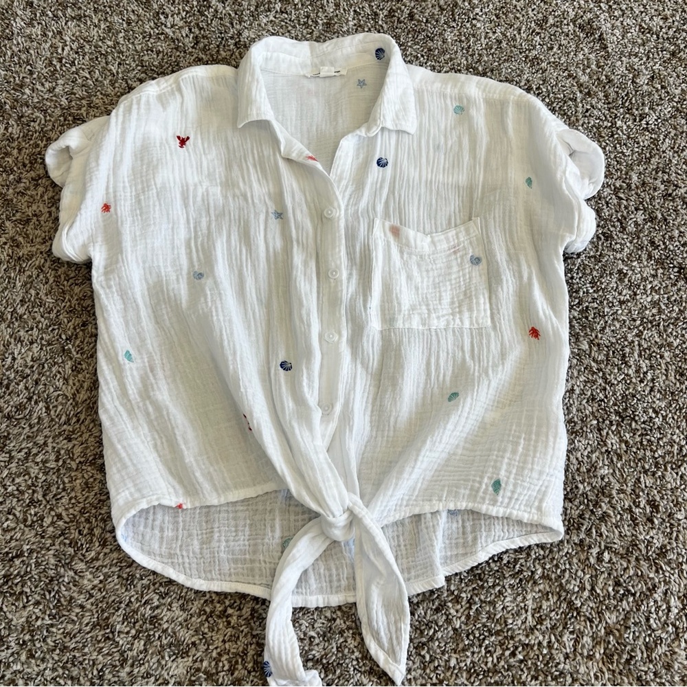 beachlunchlounge White Gauze Tie-Front Button Shirt with Multi-Color Embroidery